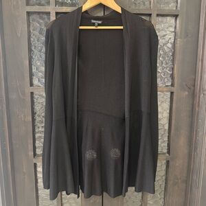 Eileen Fisher Black Knit Waterfall open front lightweight Cardigan. Size Large